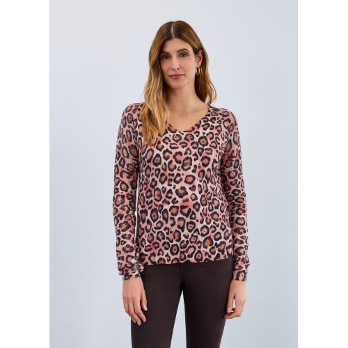 French Dressing - V-Neck Pointelle Sleeve Sweater - Light Leopard