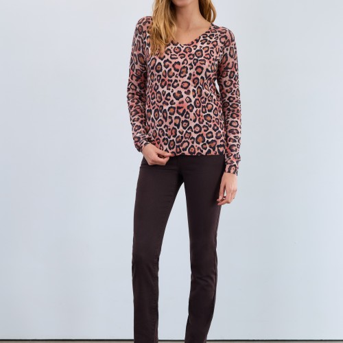 French Dressing - V-Neck Pointelle Sleeve Sweater - Light Leopard