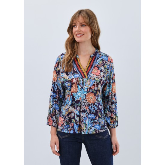 French Dressing - Embellished Neck Top - Damask Wash