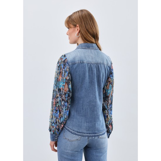 French Dressing - Pleated Sleeve Chambray Shirt - Watercolour