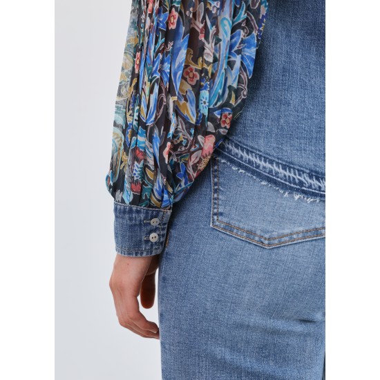 French Dressing - Pleated Sleeve Chambray Shirt - Watercolour