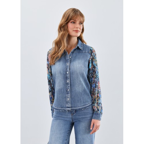 French Dressing - Pleated Sleeve Chambray Shirt - Watercolour