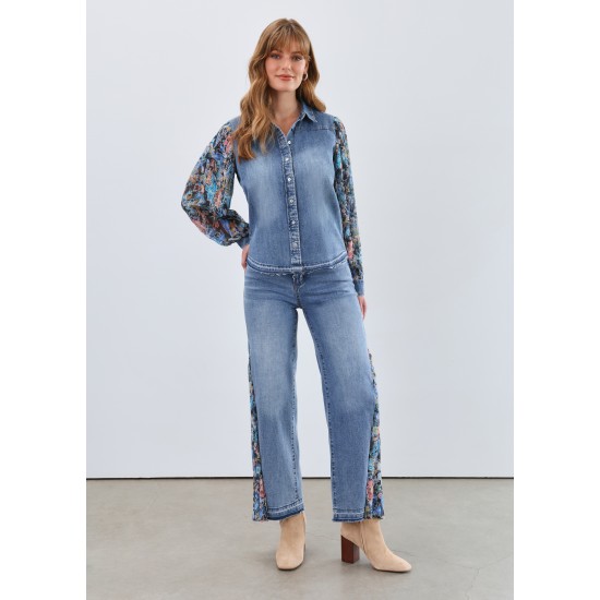 French Dressing - Pleated Sleeve Chambray Shirt - Watercolour