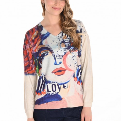 Frank Lyman - Knit Top #253816 - Beige/Blue