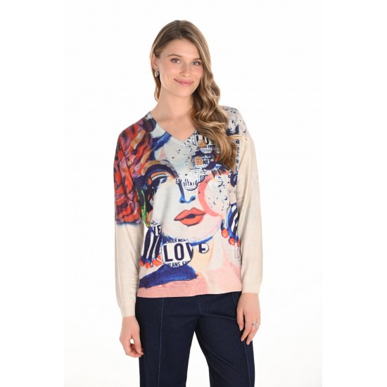 Frank Lyman - Knit Top #253816 - Beige/Blue