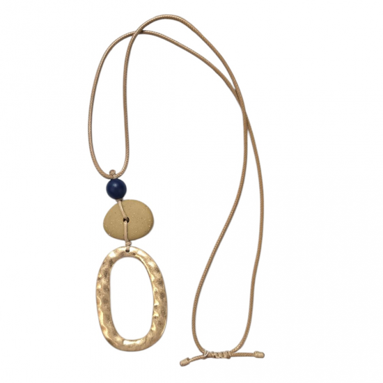 Merx Studio Long Pendant Necklace - Gold/Navy Blue Wood/Beige Resin & Beige Waxed Cord #06-42385-1
