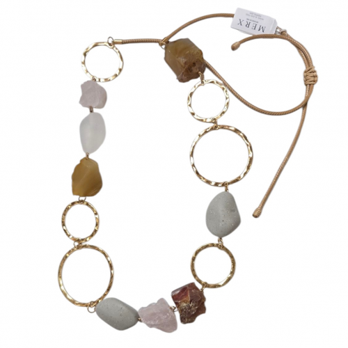 Merx Studio Long Necklace - Gold/Clear Frosted/Carnelian/Beige Waxed Cord #06-42394-1