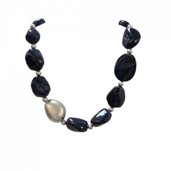 Merx Studio Short Necklace - Silver/Blue Semi-Precious Stones & Navy Blue Resin #06-42387