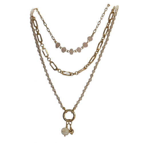 Merx Fashion Colourful Semi-Precious Stone Necklace - Shiny Gold & White Agate/Crystal #06-02381-1