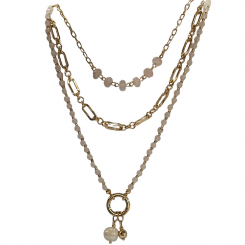 Merx Fashion Colourful Semi-Precious Stone Necklace - Shiny Gold & White Agate/Crystal #06-02381-1