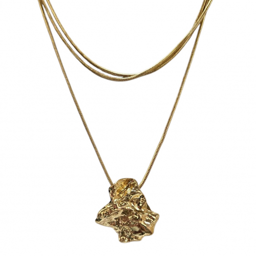 Merx Fashion Textured Metal Layered Short Necklace - Shiny Gold #06-14339-1