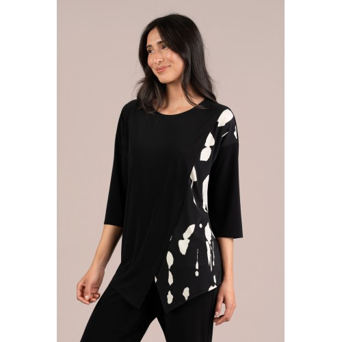 Sympli Kite Front Top Block Print 3/4 Cashew Splatter / Black