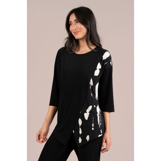 Sympli Kite Front Top Block Print 3/4 Cashew Splatter / Black